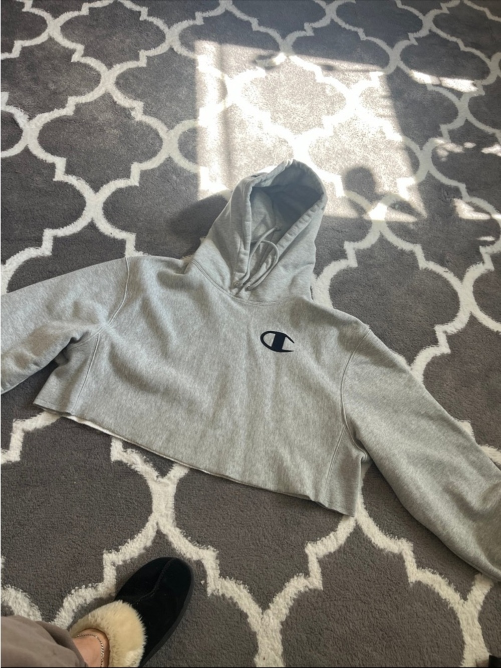 Champion Cropped Hoodie in Light Gray with Navy Logo
